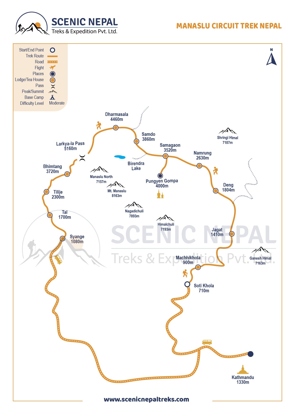 manaslu circuit trek map